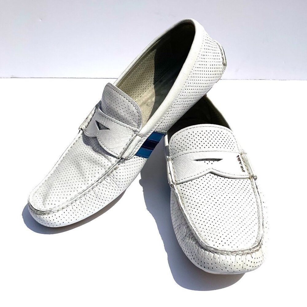 Men’s White Prada Leather Perforated Driving Shoes with Stripes Italy US 10.5